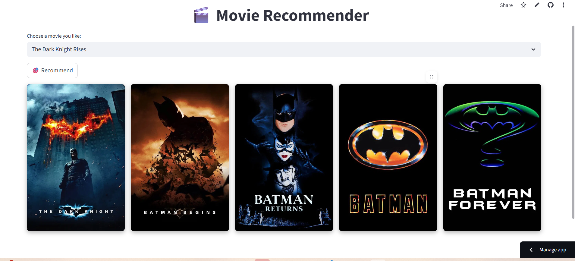 Movie recommender project screenshot